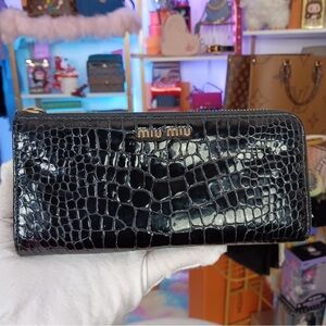 Miu Miu Black Croc Leather Zip Wallet